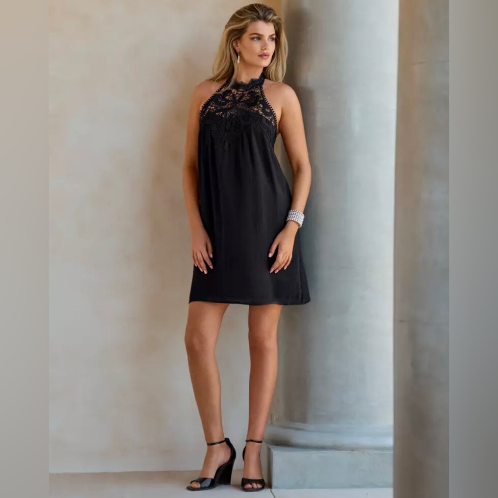 Boston Proper NWT!!! Lace High Neck Gauze Swing Dress Black L